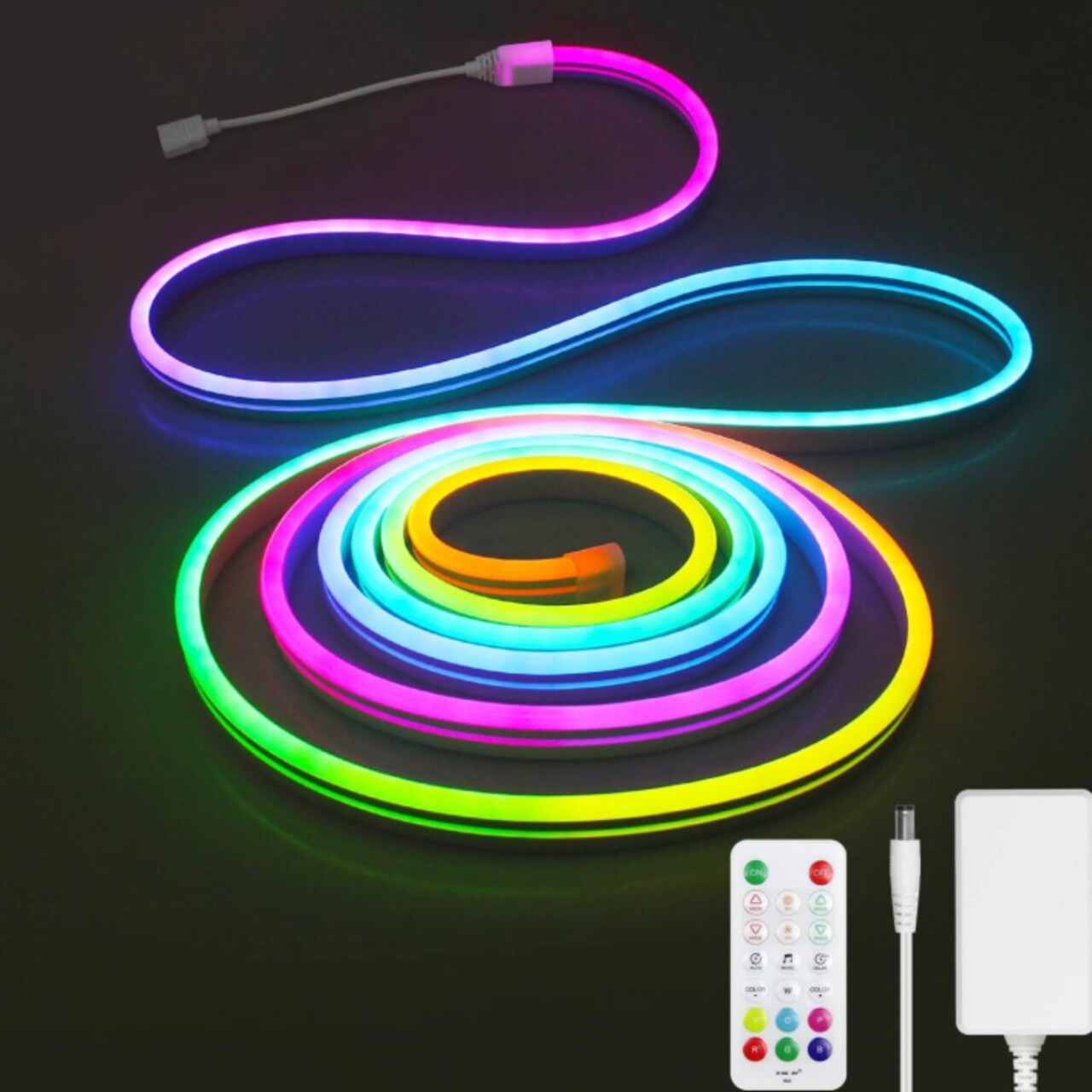 Neon Rope Light 16ft RGBIC — Music Reactive, Remote Controlled, Adapter Included